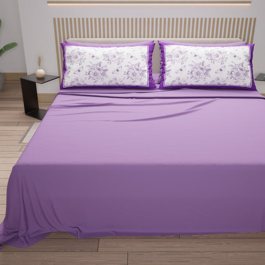 Draps en Coton, Parure de Lit avec Taies d'Oreiller en Impression Digitale Botanique Violette