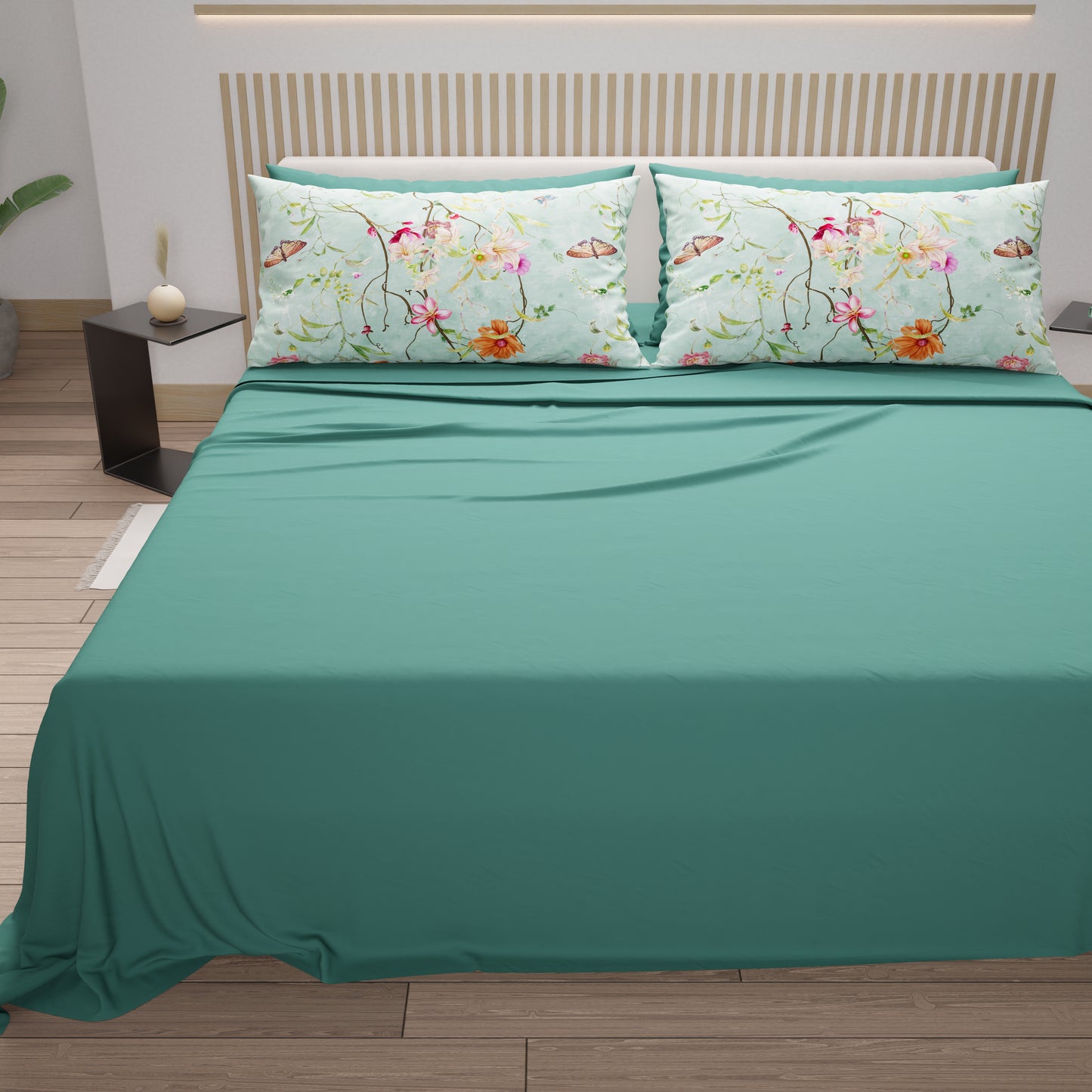 Lenzuola in Cotone, Completo Letto con Federe in Stampa Digitale Spring Acquamarina