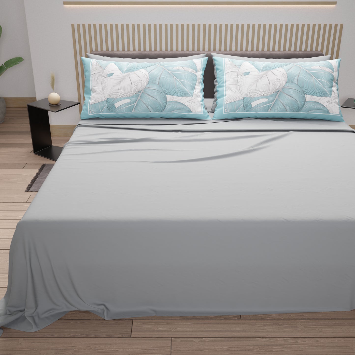 Lenzuola in Cotone, Completo Letto con Federe in Stampa Digitale Tropical Celeste-Argento