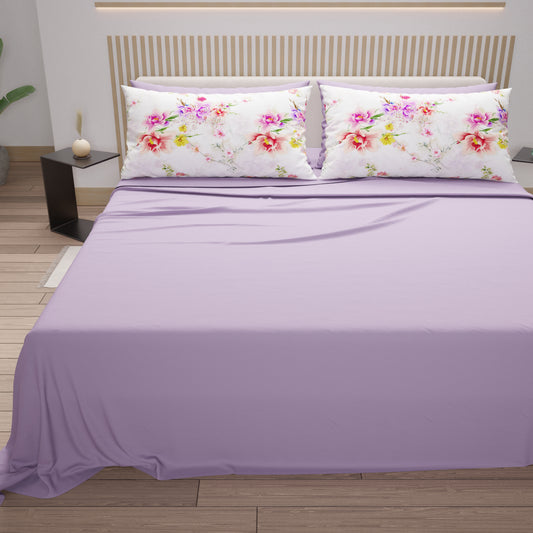Draps en Coton, Parure de Lit avec Taies d'Oreiller en Impression Digitale Printemps Blanc