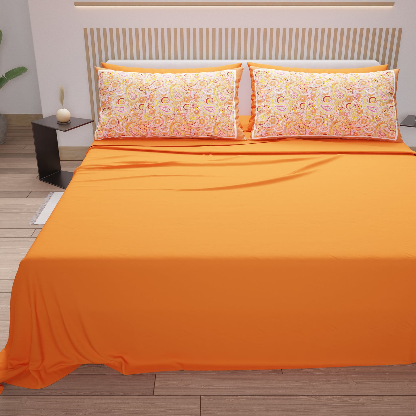 Draps en Coton, Parure de Lit avec Taies d'Oreiller en Impression Digitale Paisley Orange