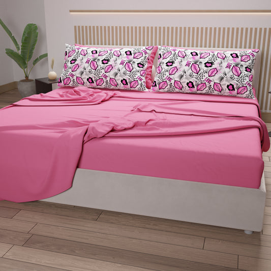 Draps en Coton, Parure de Lit avec Taies d'Oreiller en Impression Digitale Rouge à Lèvres Blanc