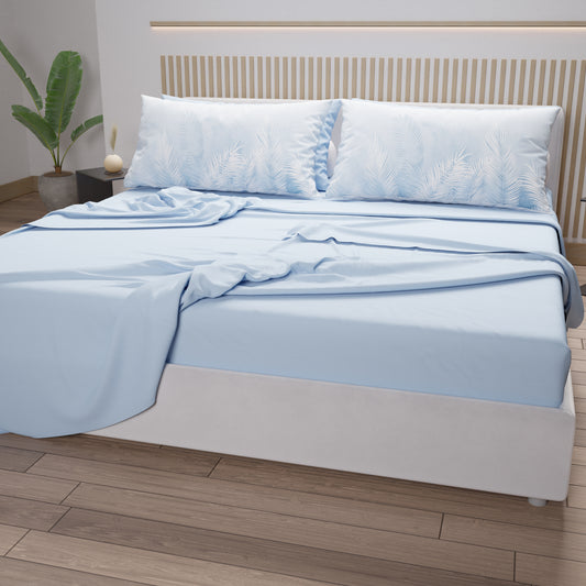 Draps en Coton, Parure de Lit avec Taies d'Oreiller en Impression Numérique Feuille Céleste