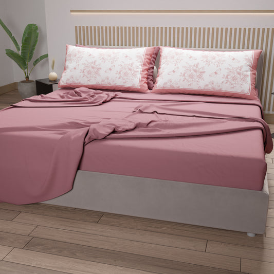 Lenzuola in Cotone, Completo Letto con Federe in Stampa Digitale Botanic Rosa