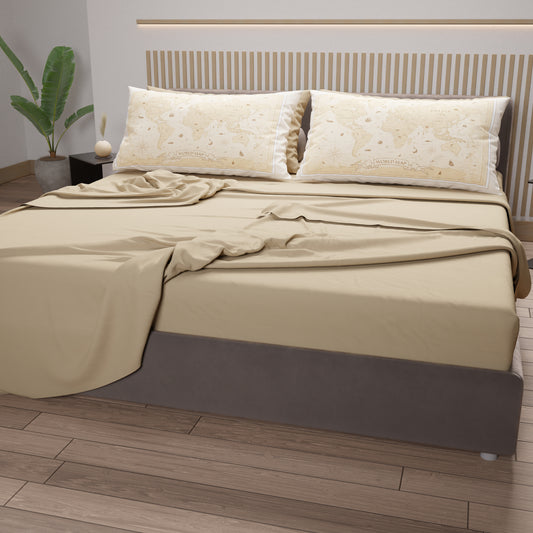 Draps en Coton, Parure de Lit avec Taies d'Oreiller en Impression Numérique World Beige
