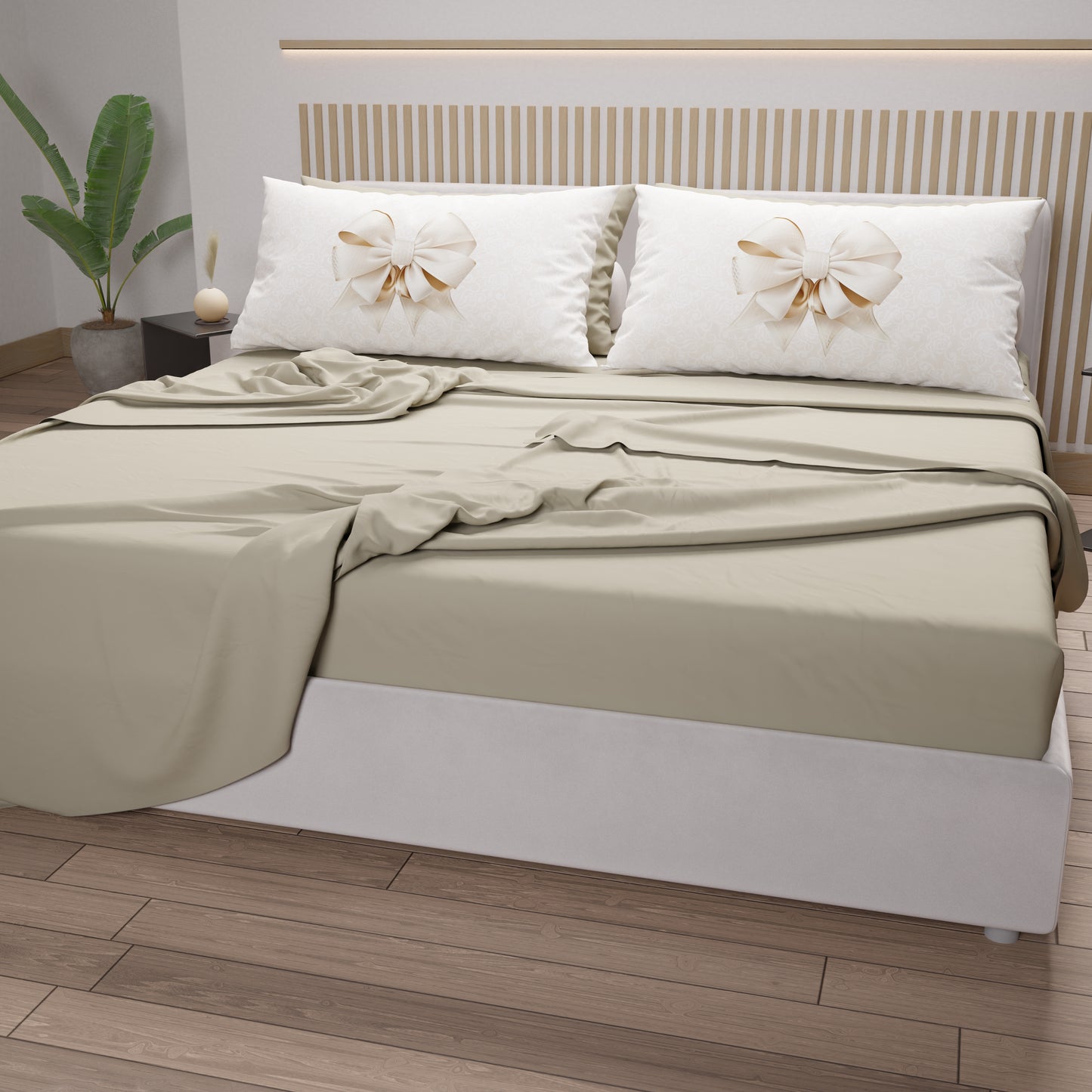 Cotton Sheets, Bed Set with Beige Bow Digital Print Pillowcases