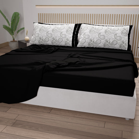Lenzuola in Cotone, Completo Letto con Federe in Stampa Digitale Paisley Nero