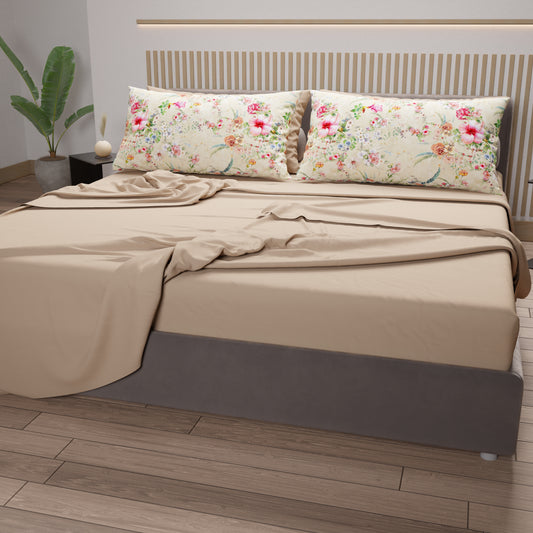 Lenzuola in Cotone, Completo Letto con Federe in Stampa Digitale Spring Tortora