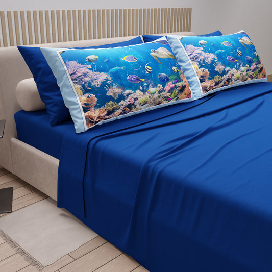 Draps en Coton, Parure de Lit avec Taies d'Oreiller en Impression Digitale Aquarium