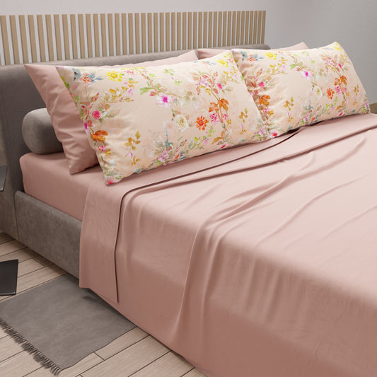 Draps en Coton, Parure de Lit avec Taies d'Oreiller en Impression Numérique Spring Poudré