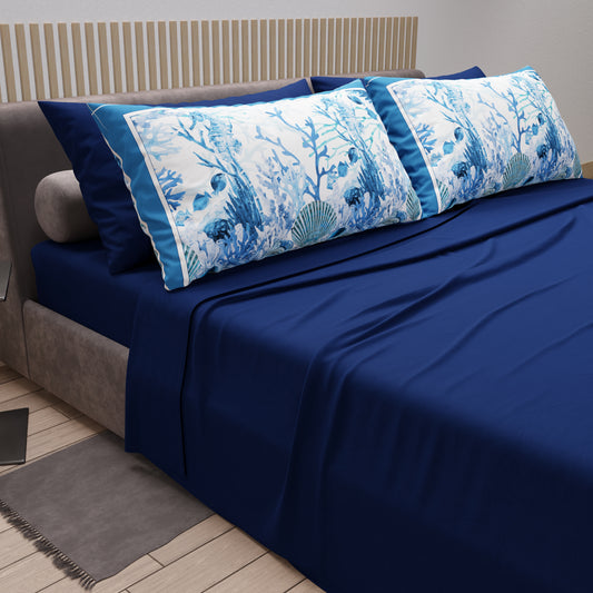 Draps en Coton, Parure de Lit avec Taies d'Oreiller en Impression Digitale Corail Bleu