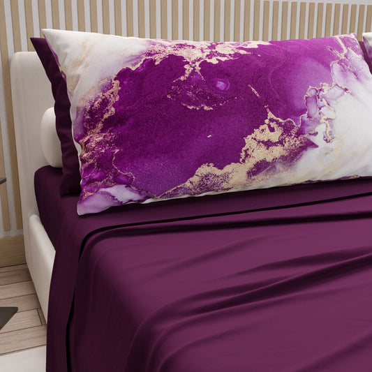 Lenzuola in Cotone, Completo Letto con Federe in Stampa Digitale Marble 01 Viola