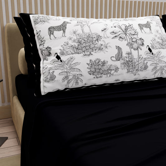 Draps en Coton, Parure de Lit avec Taies d'Oreiller en Impression Digitale Animalier Noir
