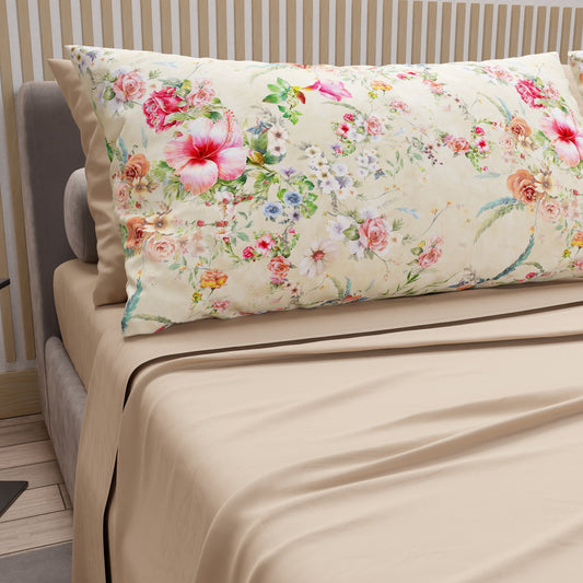 Lenzuola in Cotone, Completo Letto con Federe in Stampa Digitale Spring Tortora