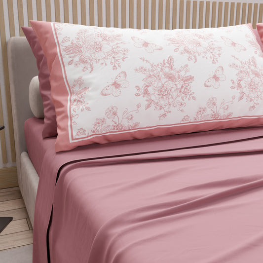Lenzuola in Cotone, Completo Letto con Federe in Stampa Digitale Botanic Rosa