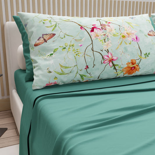 Draps en coton, parure de lit avec taies d'oreiller en impression numérique Spring Aigue-marine