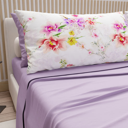 Draps en Coton, Parure de Lit avec Taies d'Oreiller en Impression Digitale Printemps Blanc