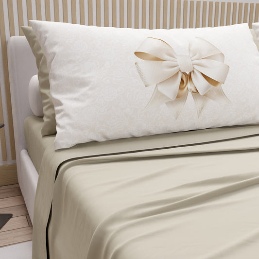 Lenzuola in Cotone, Completo Letto con Federe in Stampa Digitale Fiocco Beige