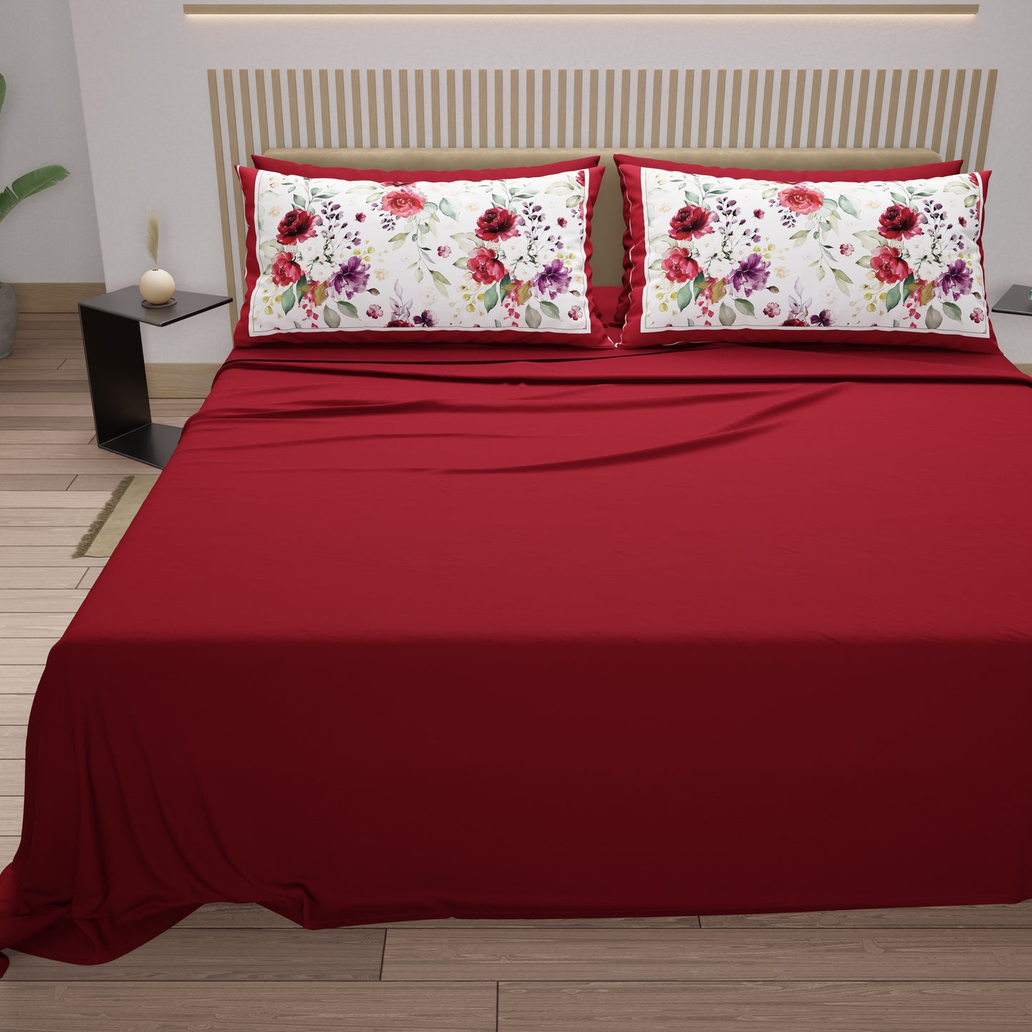 Lenzuola in Cotone, Completo Letto con Federe in Stampa Digitale Floreale Bordeaux
