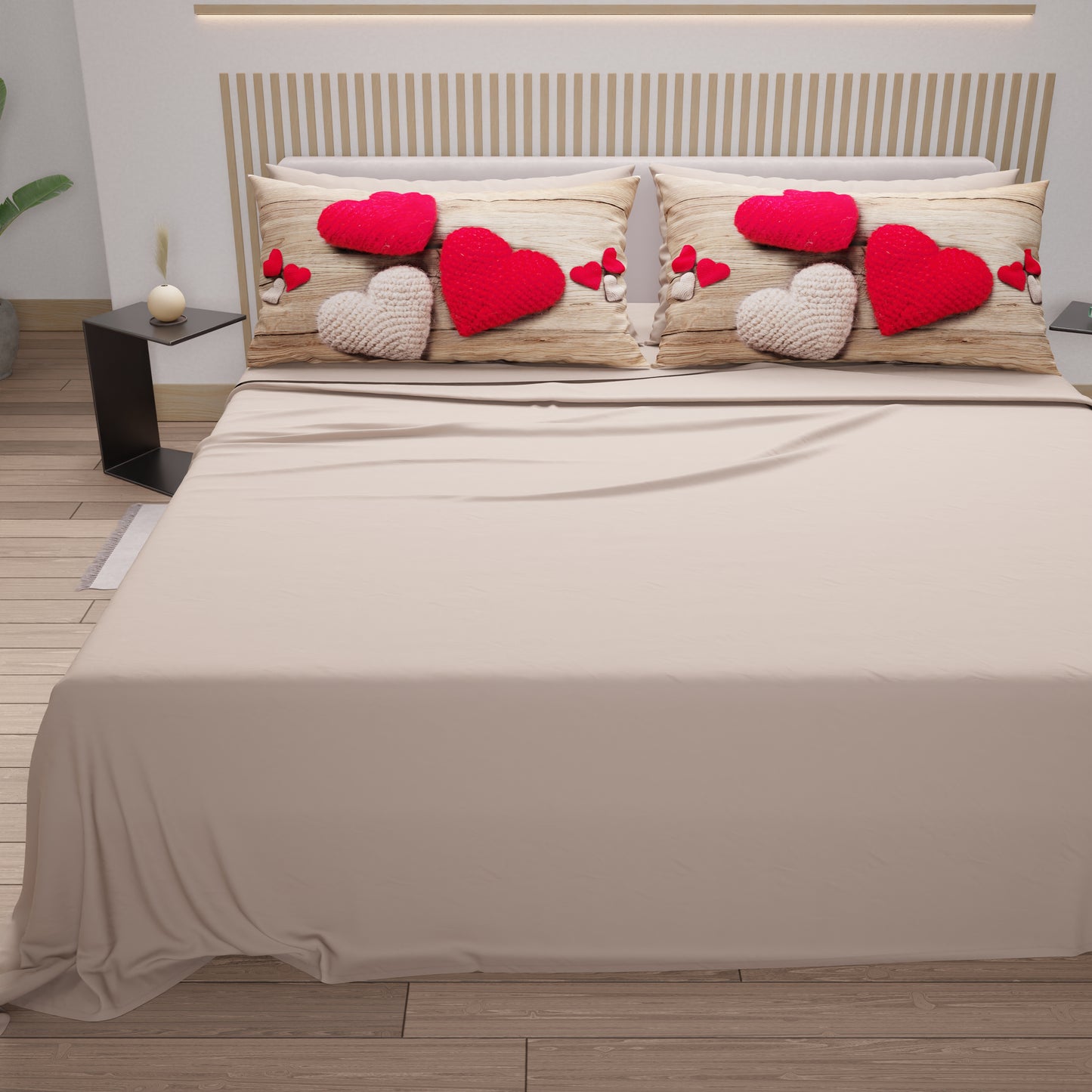 Cotton sheets, bed set with heart digital print pillowcases