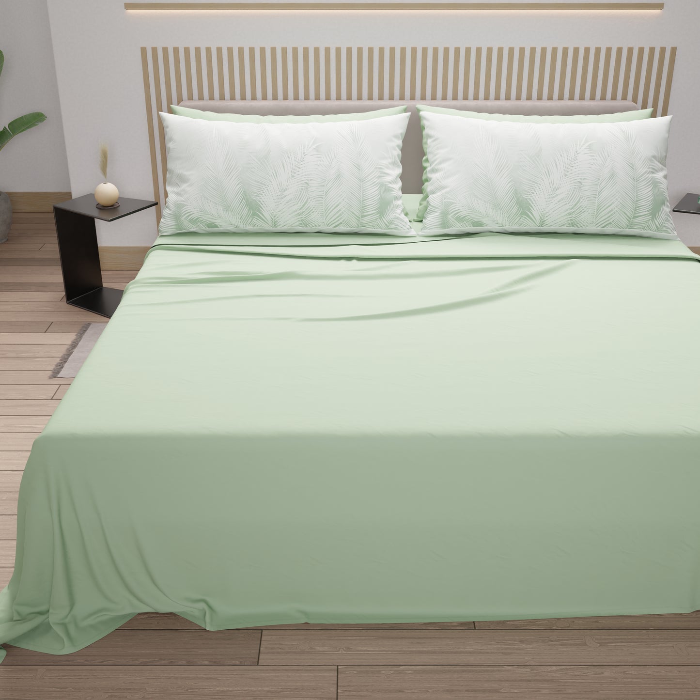 Draps en Coton, Parure de Lit avec Taies d'Oreiller en Impression Numérique Feuille Sauge