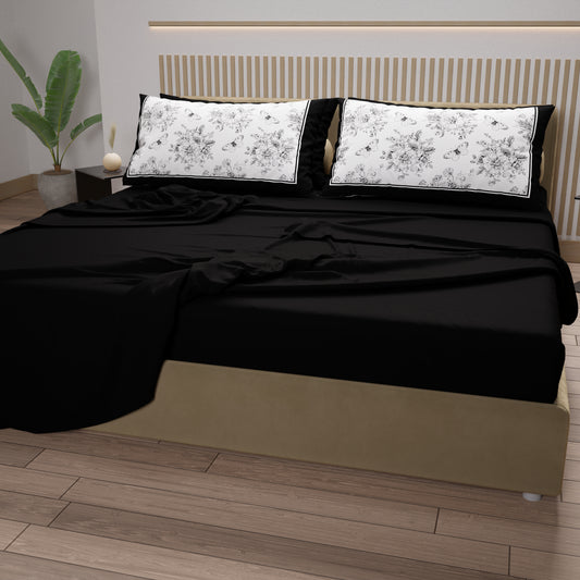 Lenzuola in Cotone, Completo Letto con Federe in Stampa Digitale Botanic Nero