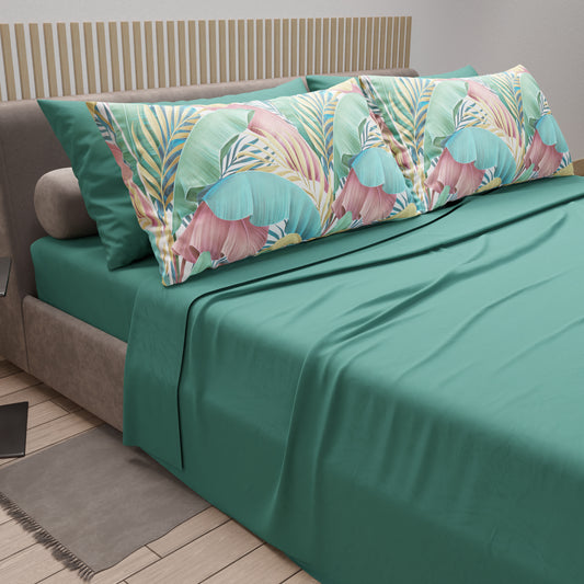 Cotton Sheets, Bed Set with Tropical Multicolor Digital Print Pillowcases