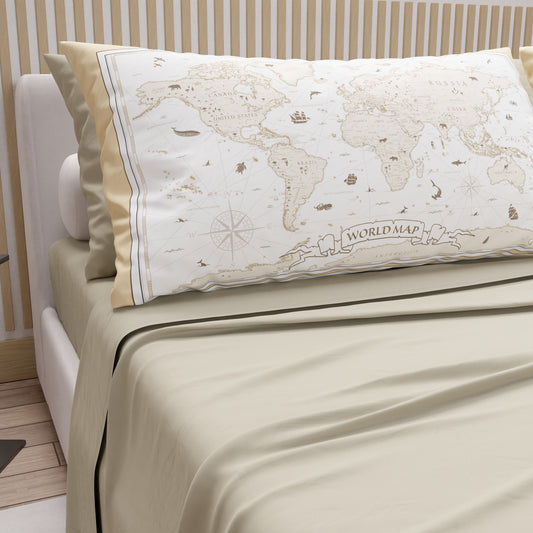 Lenzuola in Cotone, Completo Letto con Federe in Stampa Digitale World Bianco