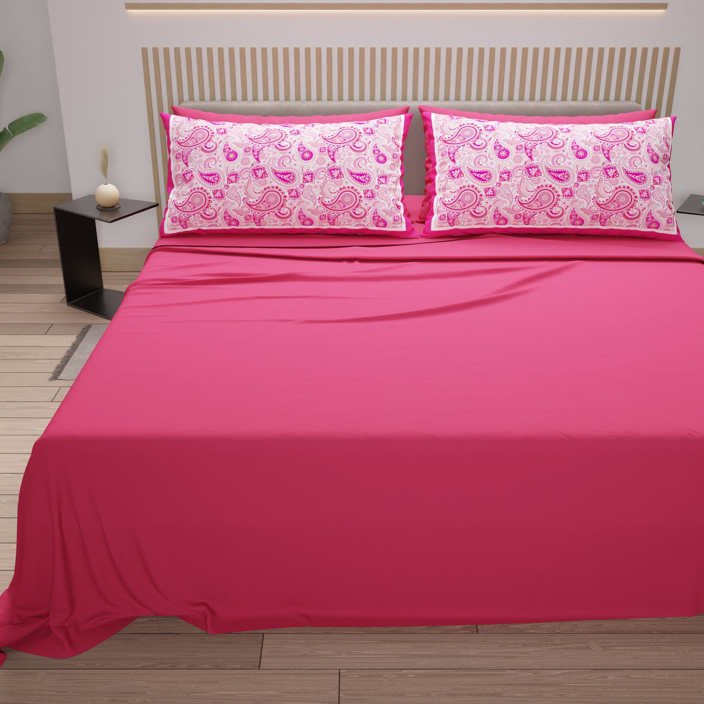 Draps en Coton, Parure de Lit avec Taies d'Oreiller en Impression Numérique Paisley Fuchsia