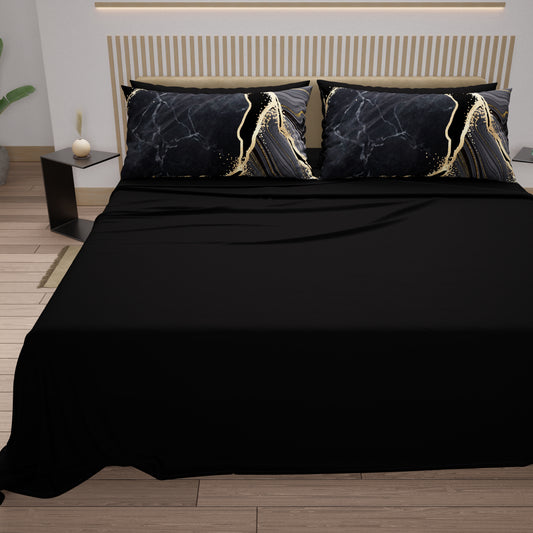 Lenzuola in Cotone, Completo Letto con Federe in Stampa Digitale Marble 07 Nero