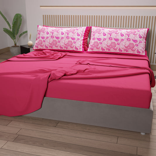 Lenzuola in Cotone, Completo Letto con Federe in Stampa Digitale Paisley Fucsia