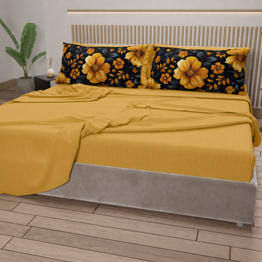 Lenzuola in Cotone, Completo Letto con Federe in Stampa Digitale Autunno 02 Giallo