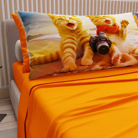 Lenzuola Animali in Cotone, Completo Letto con Federe in Stampa Digitale Cats 01