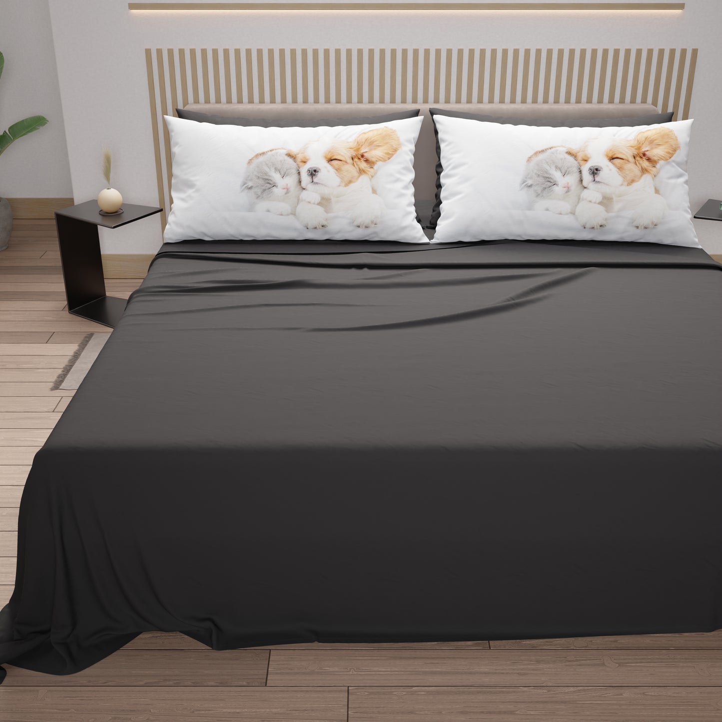 Draps Animaux en Coton, Parure de Lit avec Taies d'Oreiller en Impression Digitale Amis 07 Gris Foncé