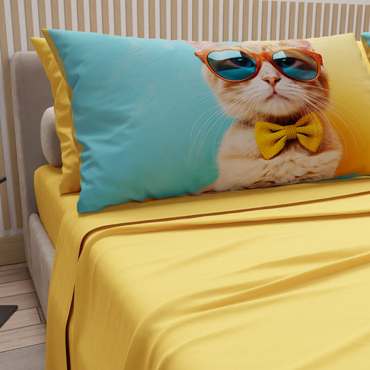Lenzuola Animali in Cotone, Completo Letto con Federe in Stampa Digitale Cats 06