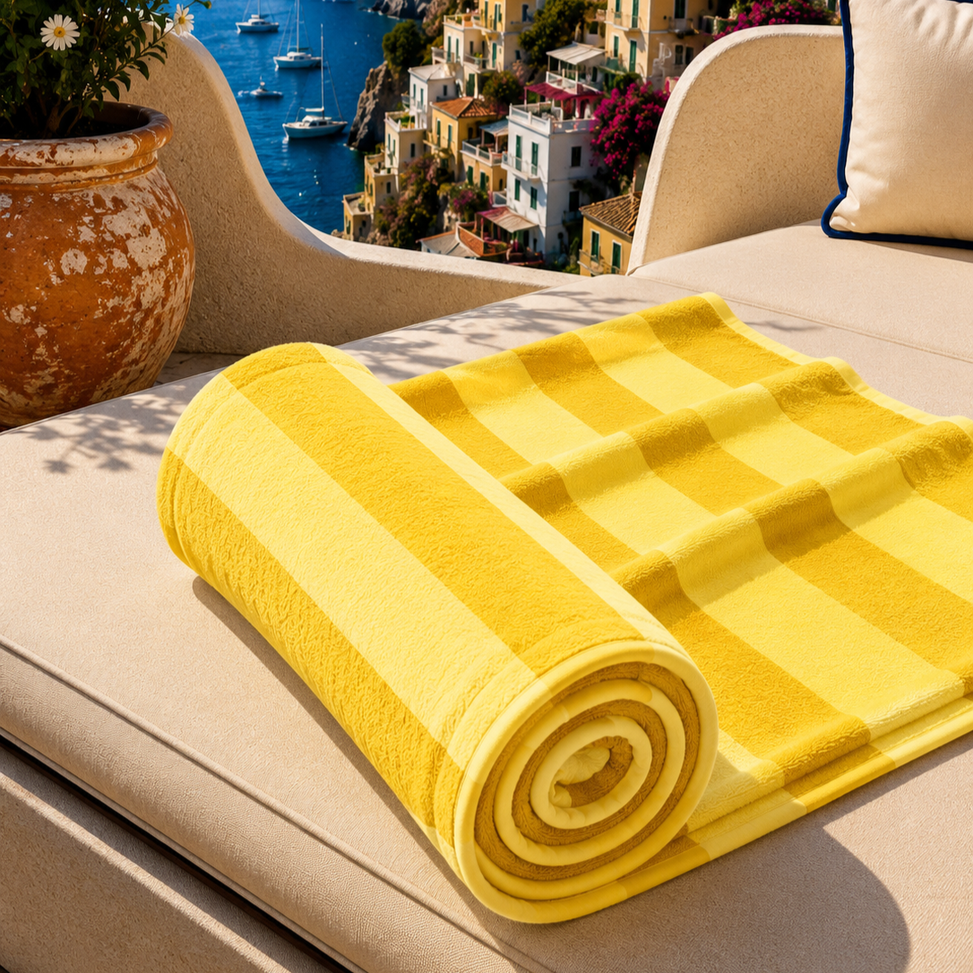 Telo Mare Microfibra, Asciugamano Mare, Telo per Lettino Righe Giallo Ocra/Giallo.