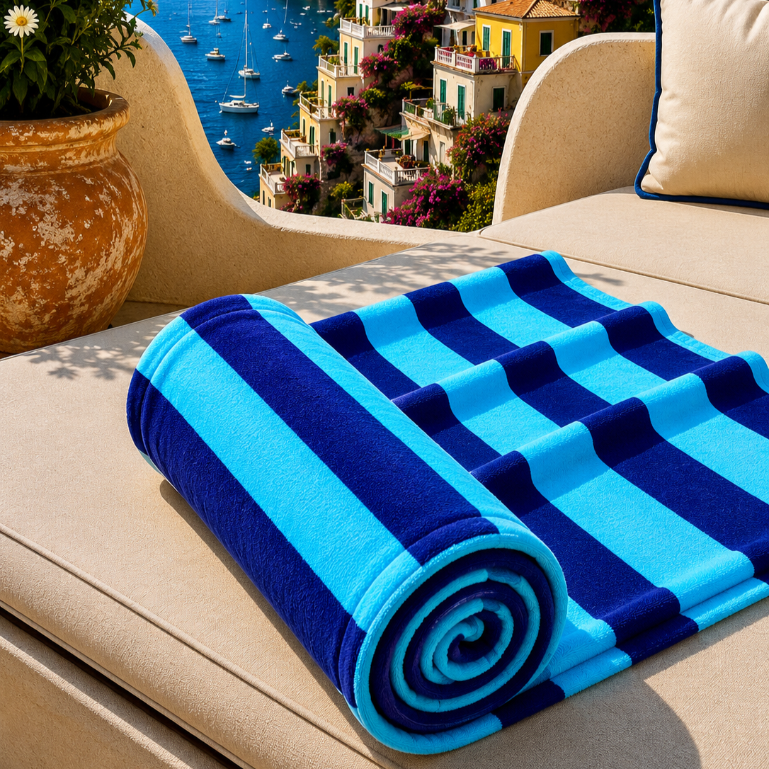 Telo Mare Microfibra, Asciugamano Mare, Telo per Lettino Righe Celeste/Blu Elettrico.