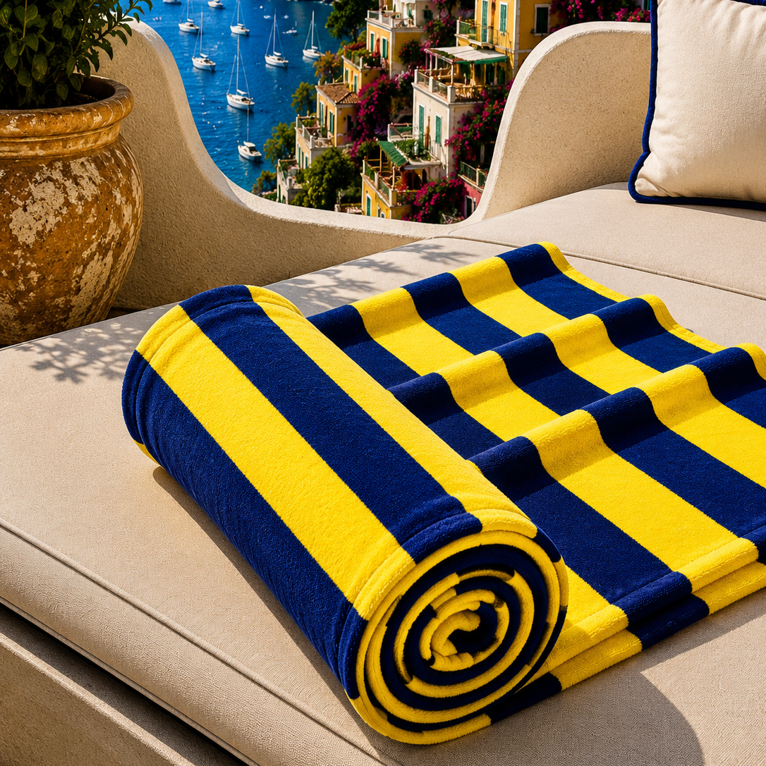 Telo Mare Microfibra, Asciugamano Mare, Telo per Lettino Righe Giallo/Blu Elettrico