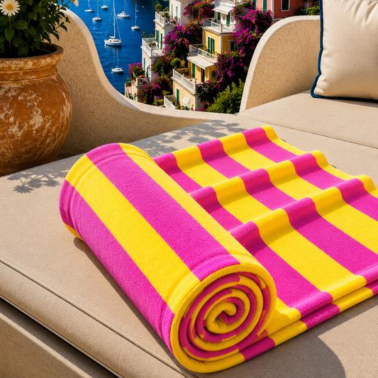 Telo Mare Microfibra, Asciugamano Mare, Telo per Lettino Righe Giallo/Fucsia.