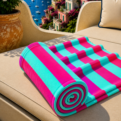 Telo Mare Microfibra, Asciugamano Mare, Telo per Lettino Righe Tiffany/Fucsia