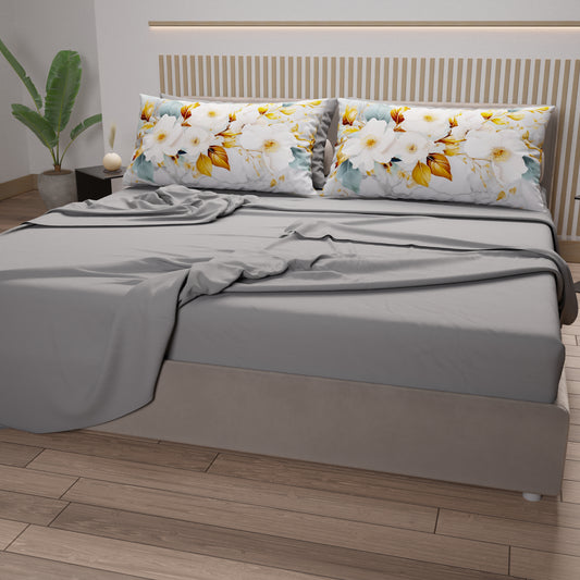 Draps en Coton, Parure de Lit avec Taies d'Oreiller en Impression Numérique Flower Ceramic 01 Gris Clair