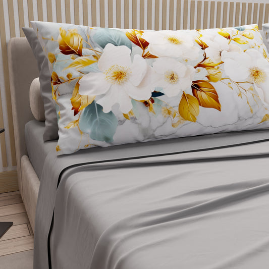 Draps en Coton, Parure de Lit avec Taies d'Oreiller en Impression Numérique Flower Ceramic 01 Gris Clair