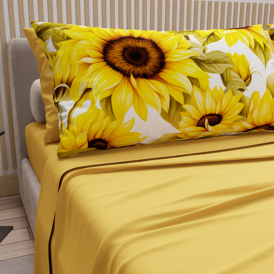 Lenzuola in Cotone, Completo Letto con Federe in Stampa Digitale Girasole