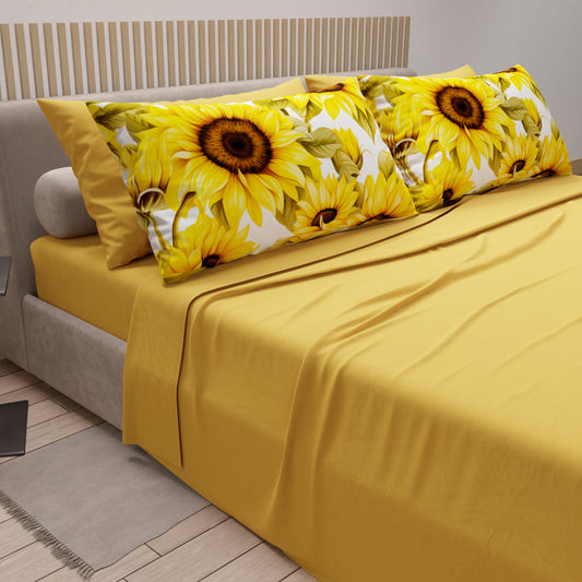 Lenzuola in Cotone, Completo Letto con Federe in Stampa Digitale Girasole