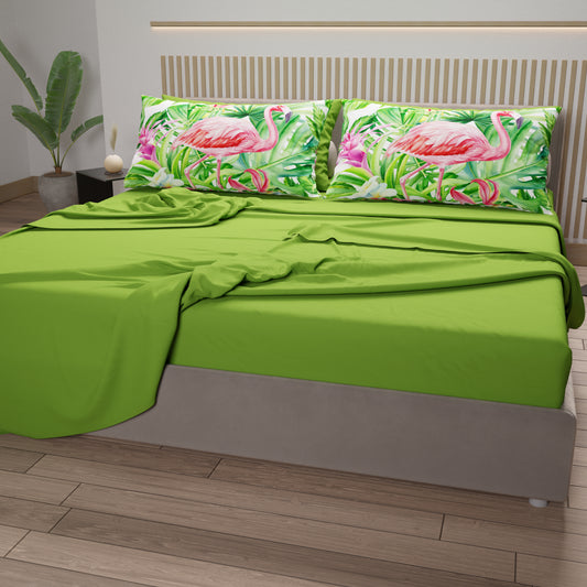 Draps en Coton, Parure de Lit avec Taies d'Oreiller en Impression Numérique Flamant