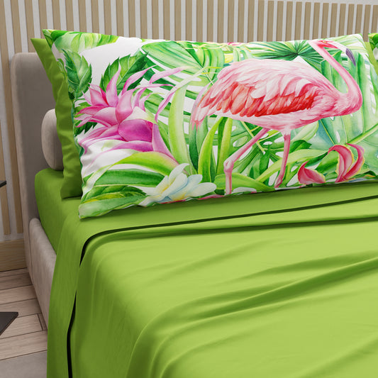 Draps en Coton, Parure de Lit avec Taies d'Oreiller en Impression Numérique Flamant