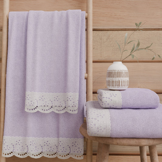 Asciugamani Bagno in Spugna in Pizzo Sangallo Lilla