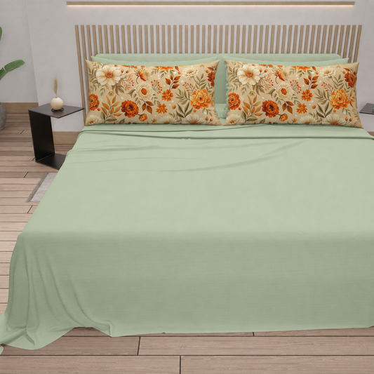 Lenzuola Autunno 08 Salvia con federe in stampa digitale - vista frontale