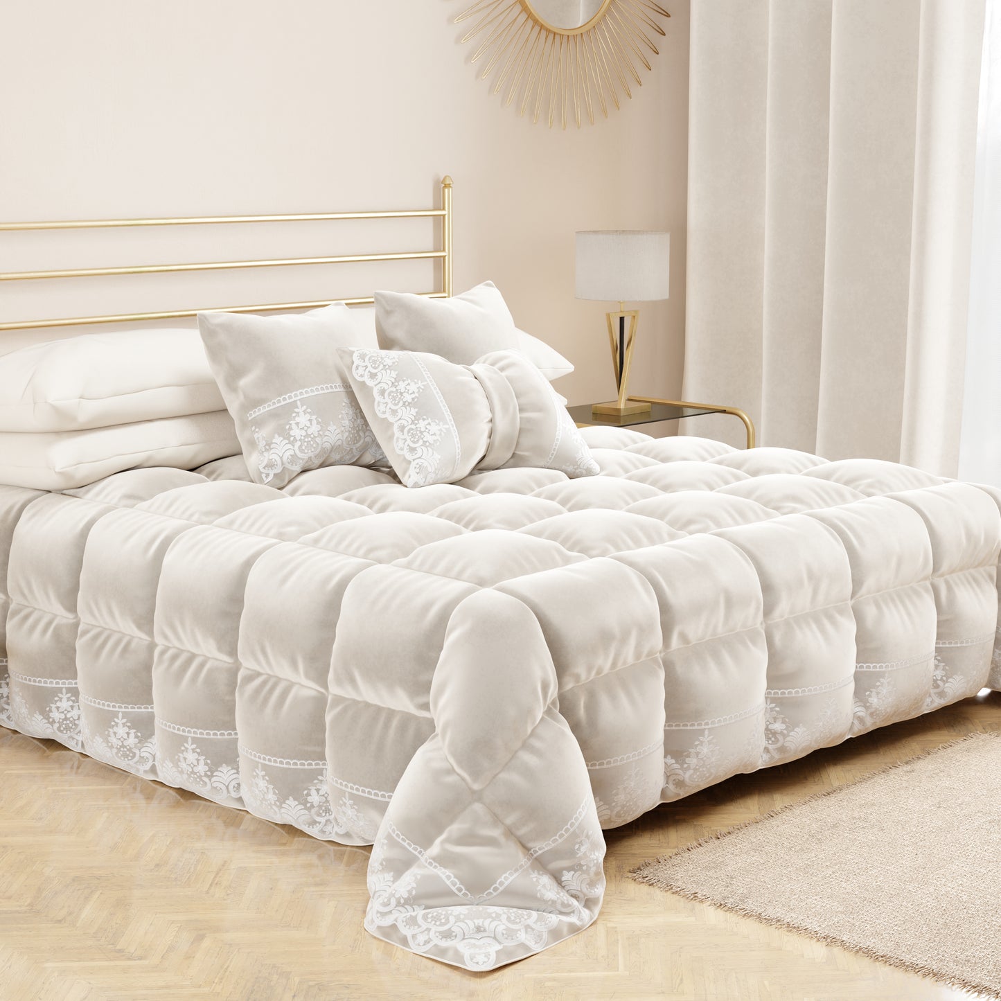 Coussins décoratifs en velours avec volant et dentelle rebrodée 2pcs, coussins de canapé blanc lait par Sissy