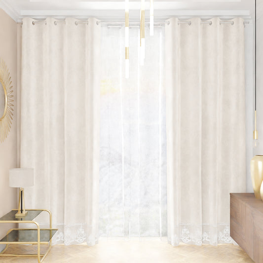 Tenda a Pannello in Velluto per Interni con Anelli e Pizzo Rebrodè, 140x280 cm, Bianco Latte by Sissy